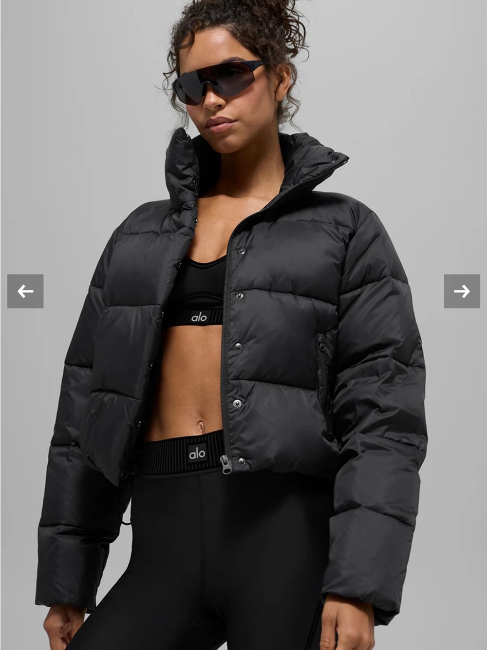 ALO Yoga Black Cropped Puffer Jacket with High Collar- Alo Gold Rush Puffer